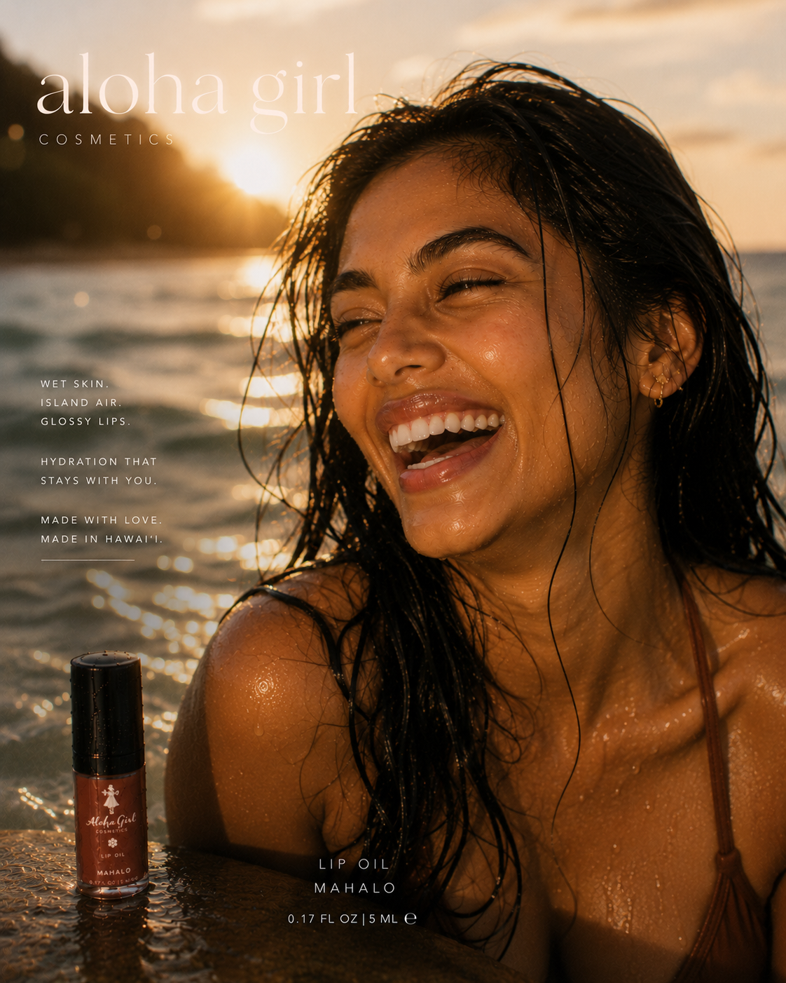 Model smiling at golden hour by the ocean