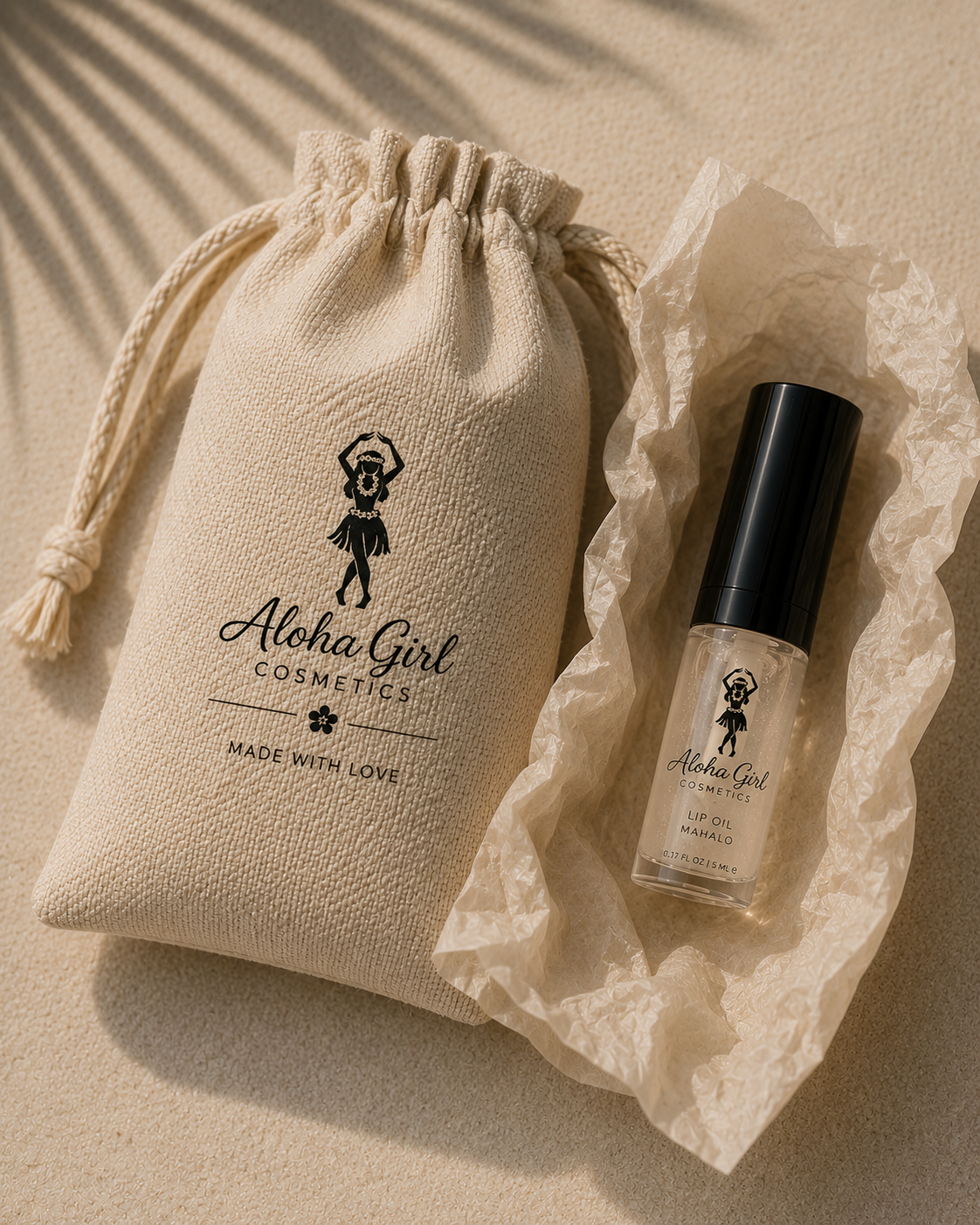 Lip Oil with palm shadow and pouch
