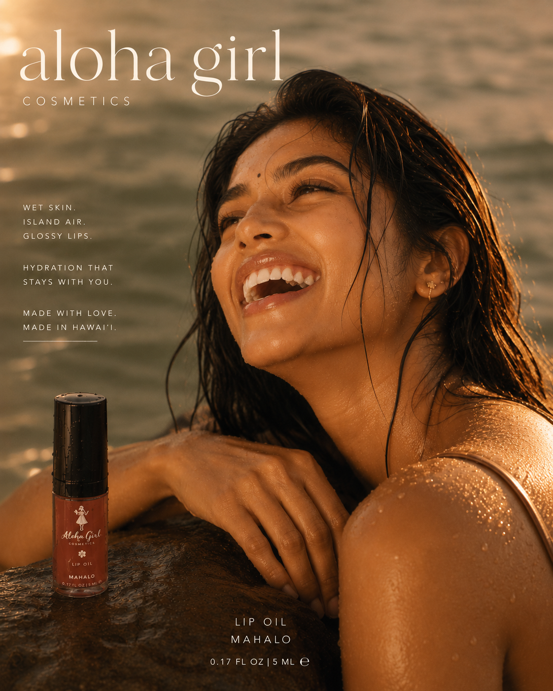 Model laughing in the ocean at sunset